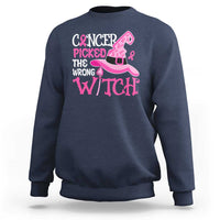 Navy crewneck sweatshirt with pink cancer-witch graphic on front