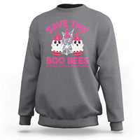 Charcoal crewneck sweatshirt with pink “Save the Boo Bees” graphic and Breast Cancer Awareness text