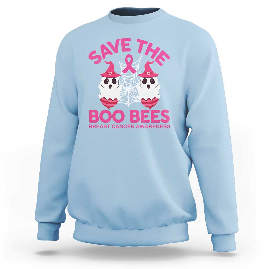 Light blue crewneck sweatshirt with pink “Save the Boo Bees” graphic and Breast Cancer Awareness text