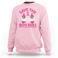 Light pink crewneck sweatshirt with pink “Save the Boo Bees” graphic and Breast Cancer Awareness text