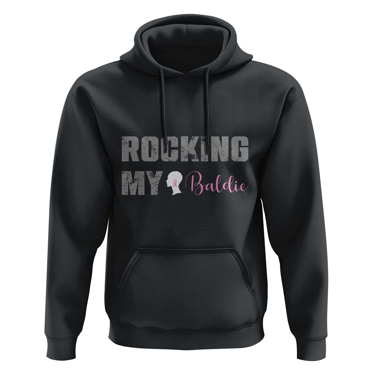 Black pullover hoodie with front “ROCKING MY Baldie” breast cancer ribbon graphic