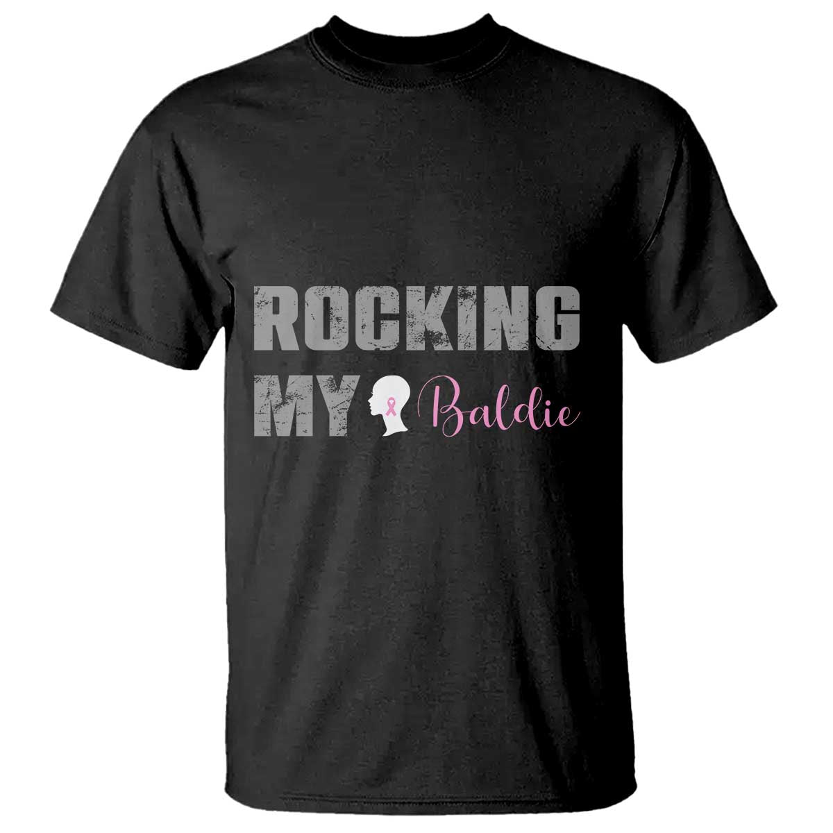 Black T-shirt with front graphic text "ROCKING" "MY Baldie" and pink ribbon icon