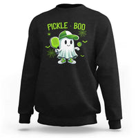 Black halloween pickleball sweatshirt with 'Pickle-Boo' ghost and pickle racket graphic