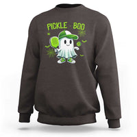 Dark chocolate halloween pickleball sweatshirt with 'Pickle-Boo' ghost and pickle racket graphic