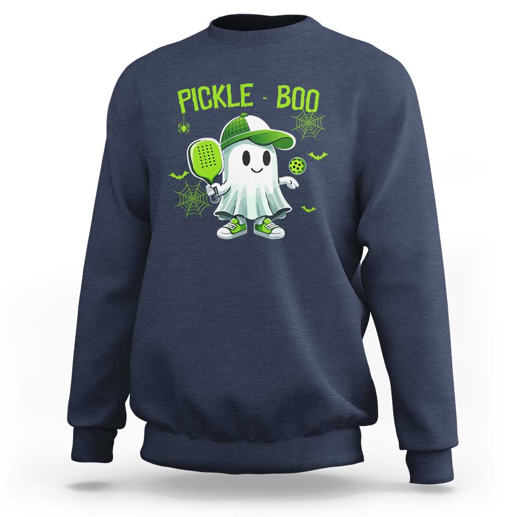 Navy halloween pickleball sweatshirt with 'Pickle-Boo' ghost and pickle racket graphic