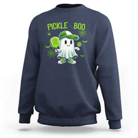 Navy halloween pickleball sweatshirt with 'Pickle-Boo' ghost and pickle racket graphic