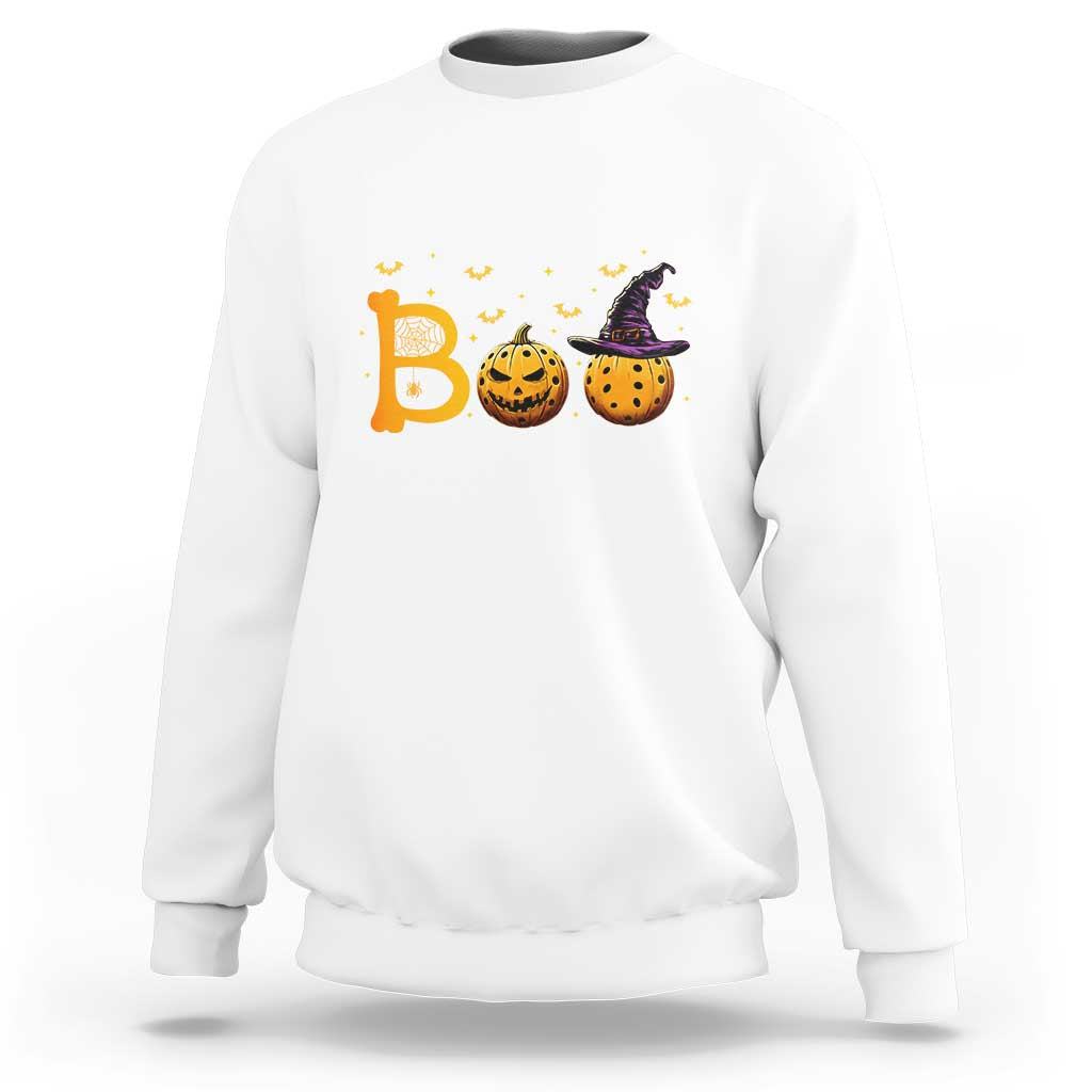 White Halloween sweatshirt with “B” graphic, jack-o’-lanterns and witch hat