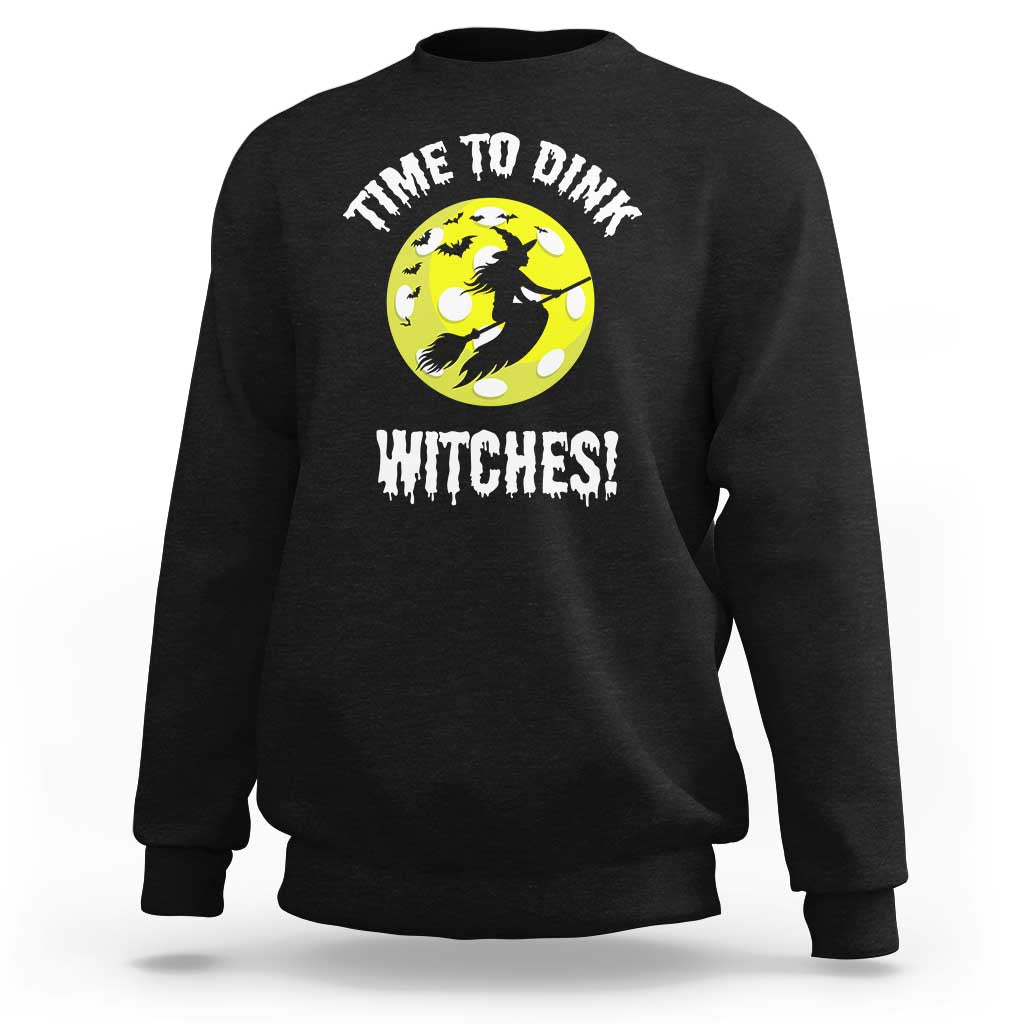 Black Halloween pickleball crewneck sweatshirt with 'Time to Dink Witches' graphic