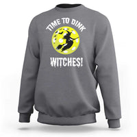 Charcoal gray Halloween pickleball crewneck sweatshirt with 'Time to Dink Witches' graphic