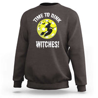 Dark chocolate Halloween pickleball crewneck sweatshirt with 'Time to Dink Witches' graphic