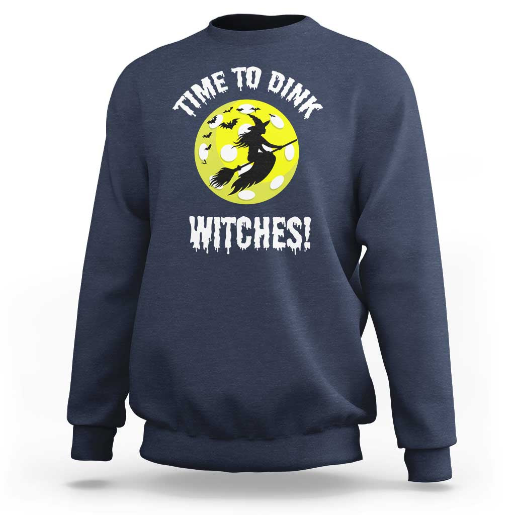 Navy Halloween pickleball crewneck sweatshirt with 'Time to Dink Witches' graphic