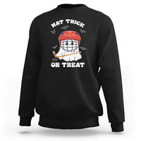 Halloween hockey sweatshirt, black; ghost hockey player graphic with “Hat Trick or Treat”