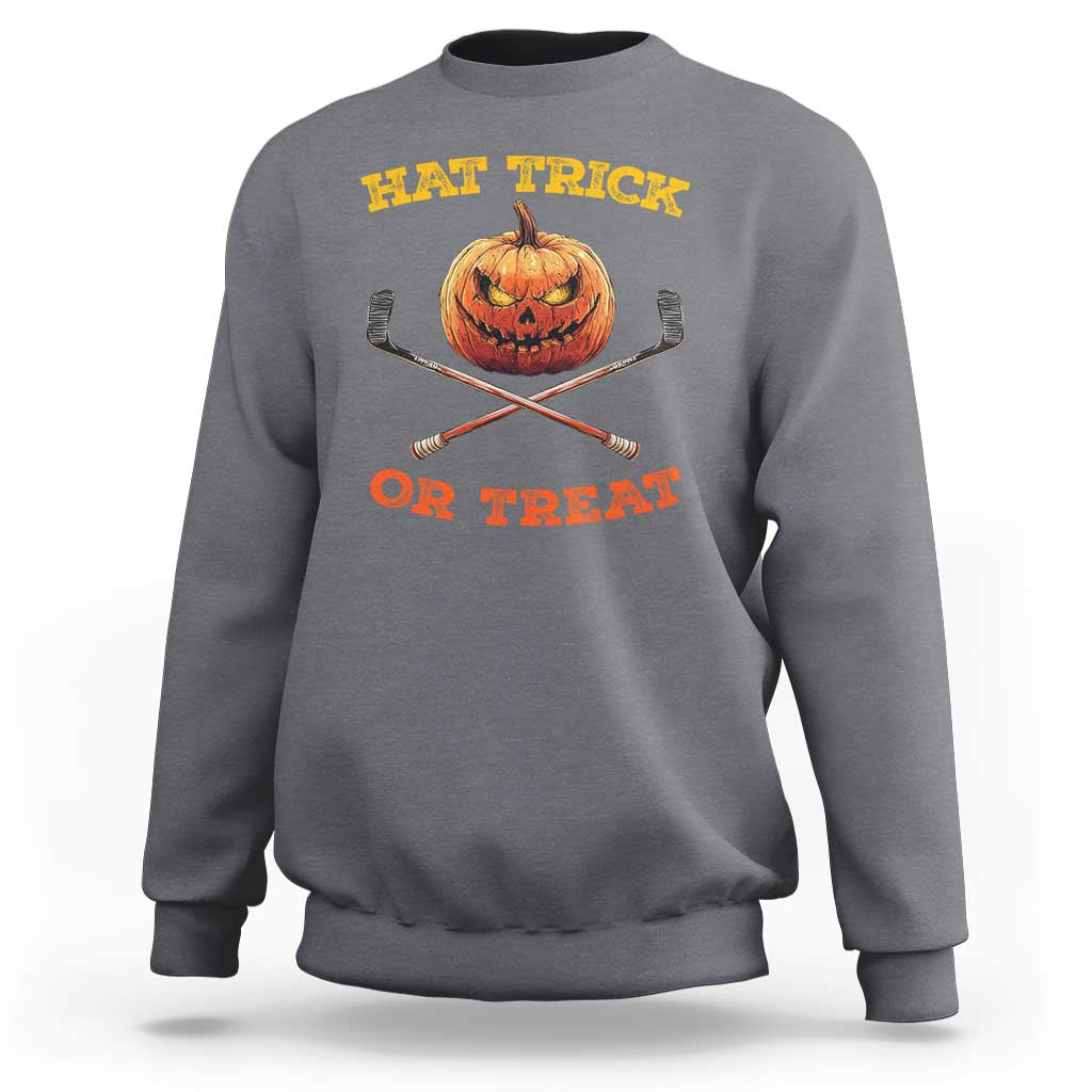 Charcoal gray Halloween hockey sweatshirt with pumpkin “That Trick or Treat” and crossed sticks