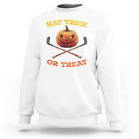 White Halloween hockey sweatshirt with pumpkin “That Trick or Treat” and crossed sticks