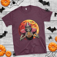 Maroon Halloween T-shirt with cartoon skeleton holding jack-o-lantern graphic