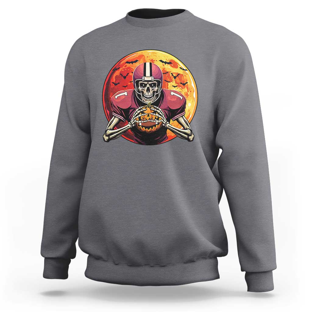 Charcoal gray crewneck sweatshirt with skeleton football player graphic on the front