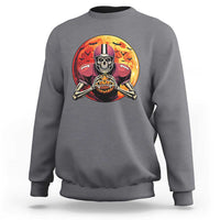 Charcoal gray crewneck sweatshirt with skeleton football player graphic on the front