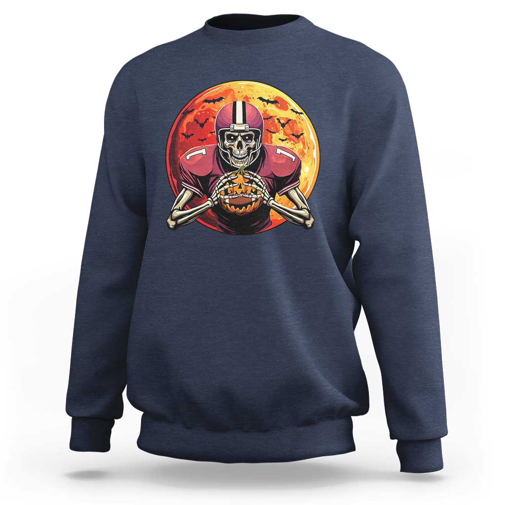 Navy crewneck sweatshirt with skeleton football player graphic on the front