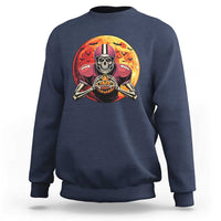 Navy crewneck sweatshirt with skeleton football player graphic on the front