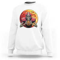 White crewneck sweatshirt with skeleton football player graphic on the front
