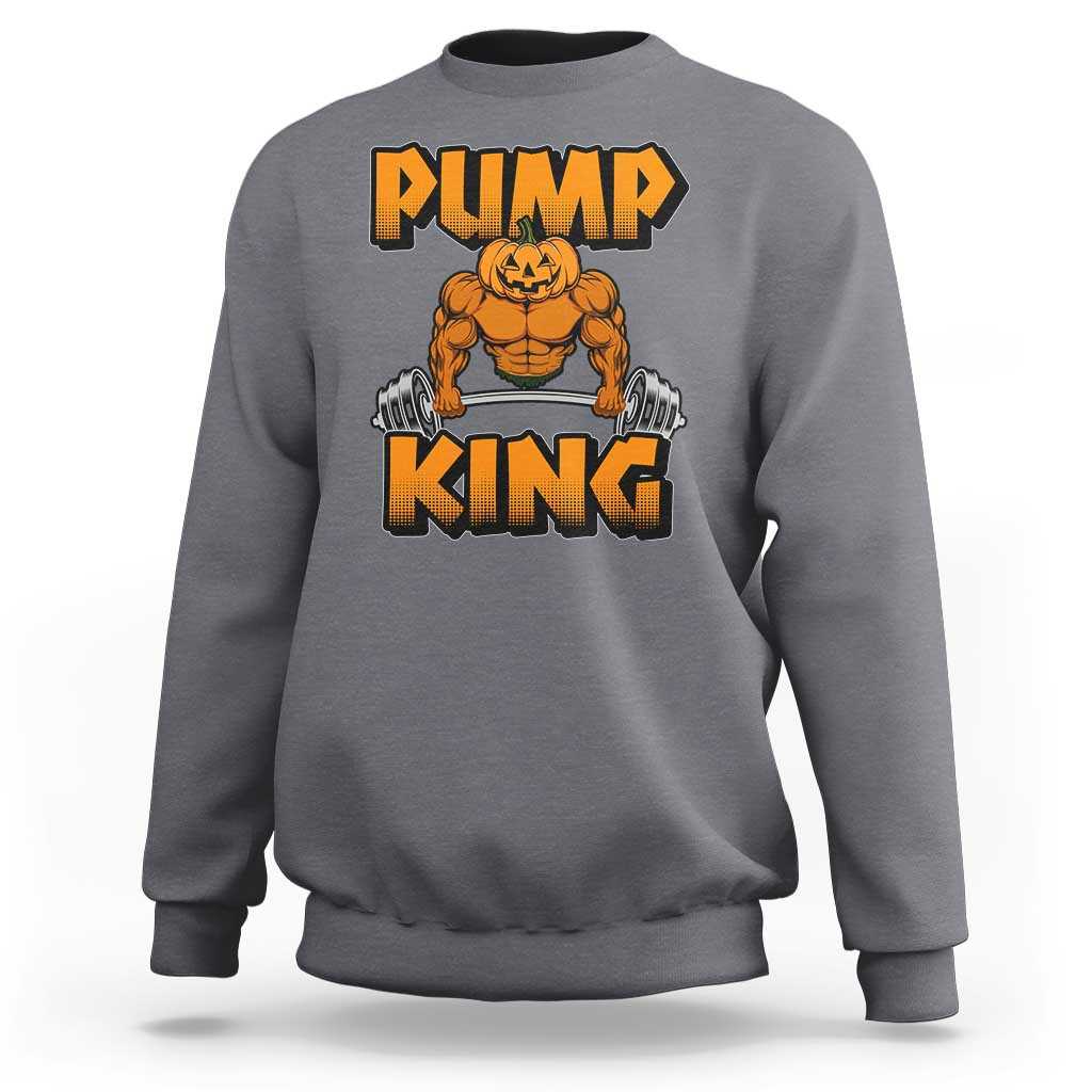 Charcoal gray crewneck sweatshirt with “Pump King” pumpkin lifting dumbbells graphic