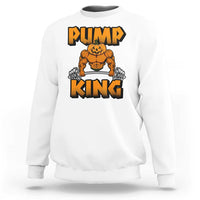 White crewneck sweatshirt with “Pump King” pumpkin lifting dumbbells graphic
