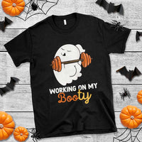 Men's Halloween T-shirt, black crew neck with white ghost lifting weights graphic