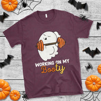 Men's Halloween T-shirt, maroon crew neck with white ghost lifting weights graphic