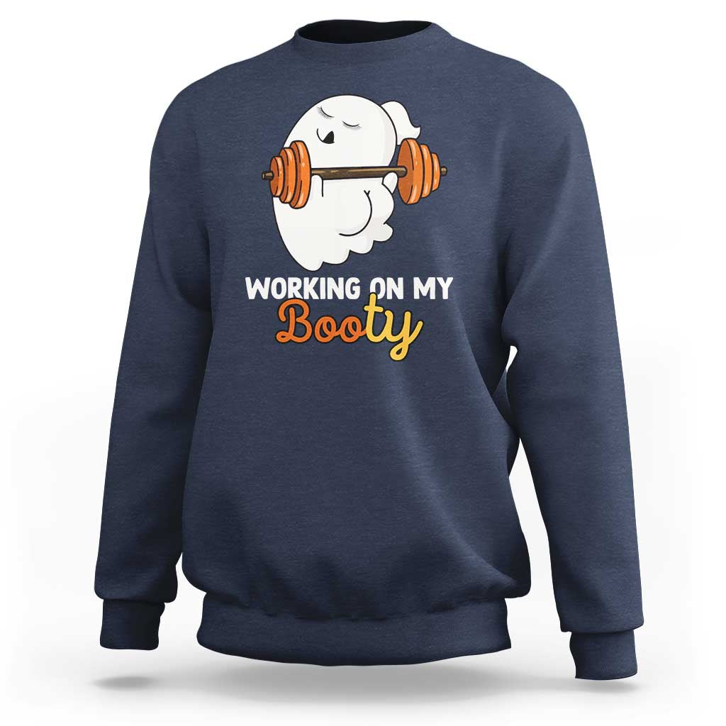 Navy crewneck sweatshirt with ghost lifting barbell graphic and “Working on My Booty” text
