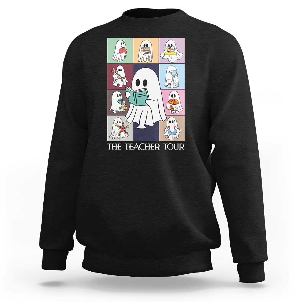 Dark charcoal sweatshirt with back graphic of cartoon teacher and books, "The Teacher Tour"
