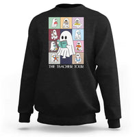 Dark charcoal sweatshirt with back graphic of cartoon teacher and books, "The Teacher Tour"