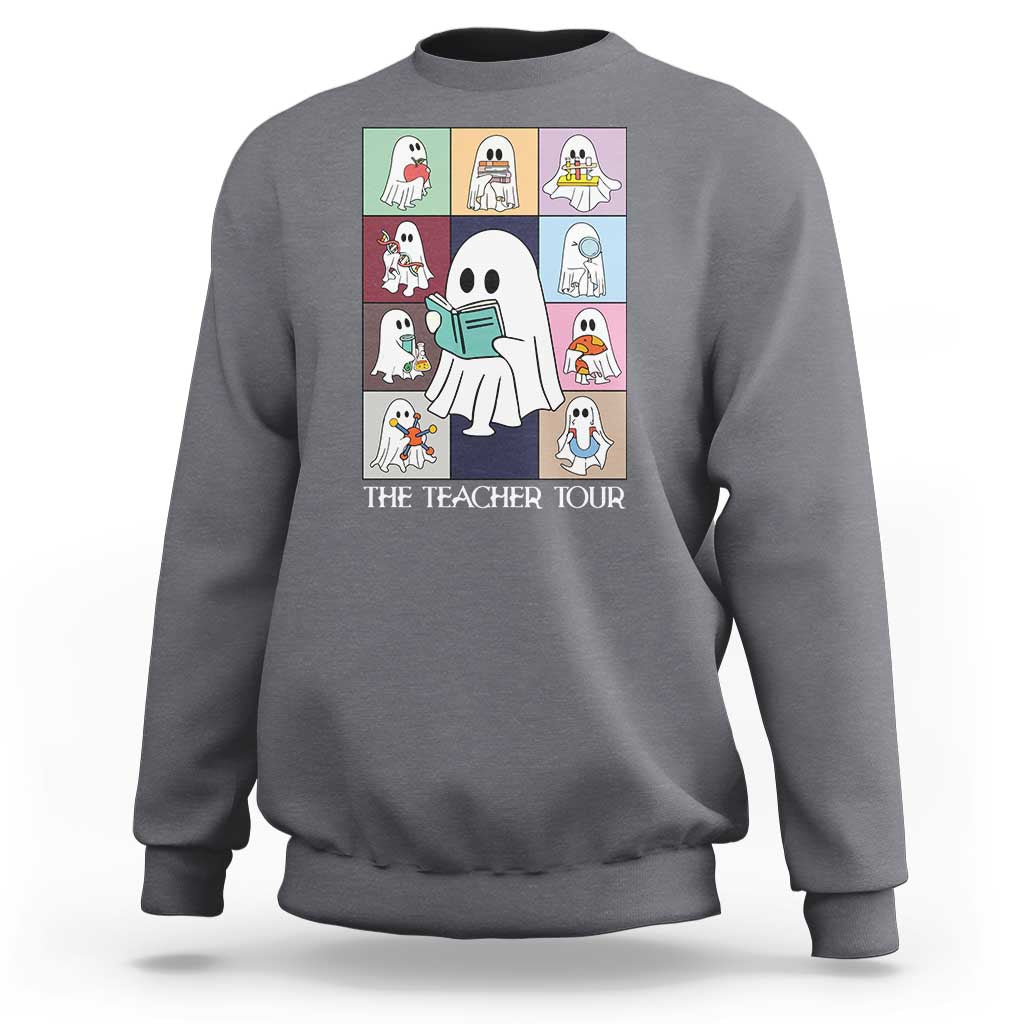 Charcoal gray sweatshirt with back graphic of cartoon teacher and books, "The Teacher Tour"