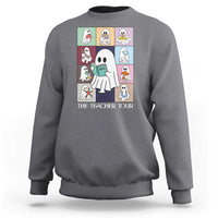 Charcoal gray sweatshirt with back graphic of cartoon teacher and books, "The Teacher Tour"