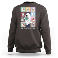 Dark chocolate sweatshirt with back graphic of cartoon teacher and books, "The Teacher Tour"