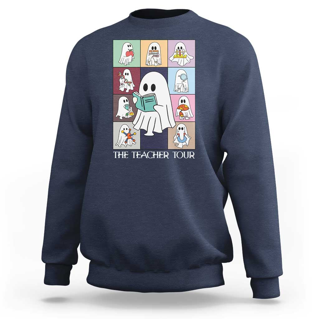 Navy sweatshirt with back graphic of cartoon teacher and books, "The Teacher Tour"