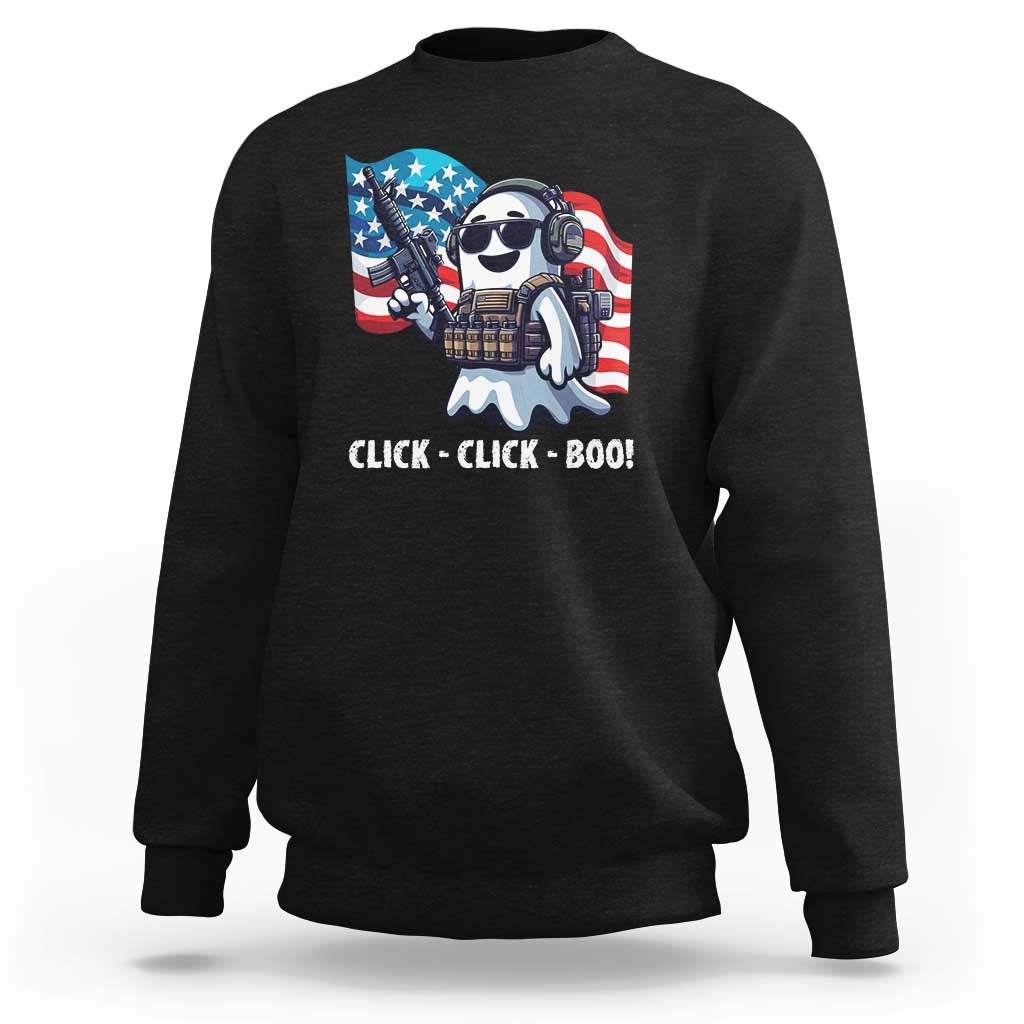 Black Halloween veteran sweatshirt with astronaut graphic and “CLICK-CLICK-BOO!” text