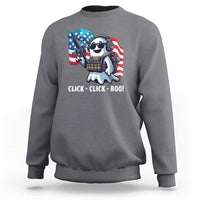 Charcoal Halloween veteran sweatshirt with astronaut graphic and “CLICK-CLICK-BOO!” text