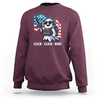 Maroon Halloween veteran sweatshirt with astronaut graphic and “CLICK-CLICK-BOO!” text