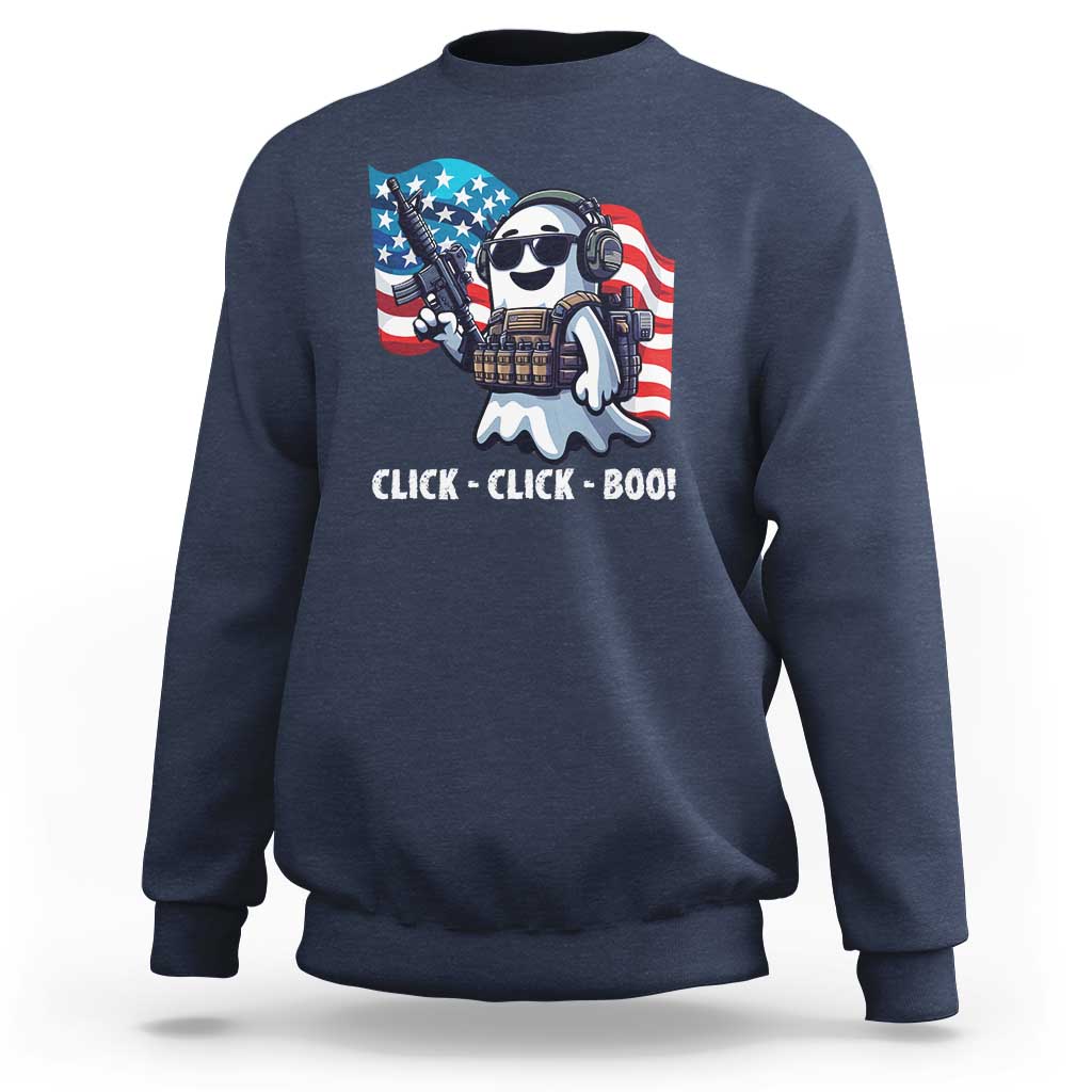 Navy Halloween veteran sweatshirt with astronaut graphic and “CLICK-CLICK-BOO!” text