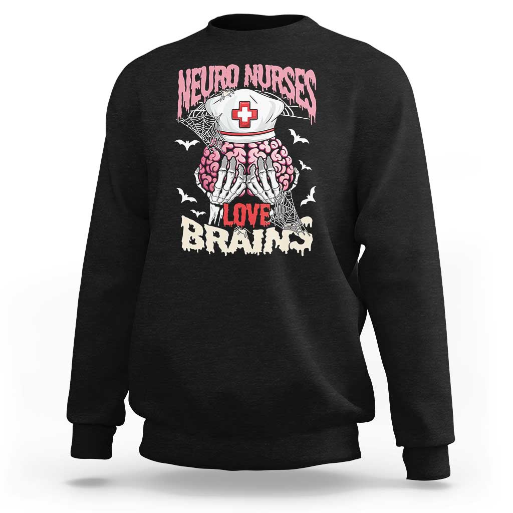 Black crewneck sweatshirt with skeleton nurse and “Love Brains” graphic on back