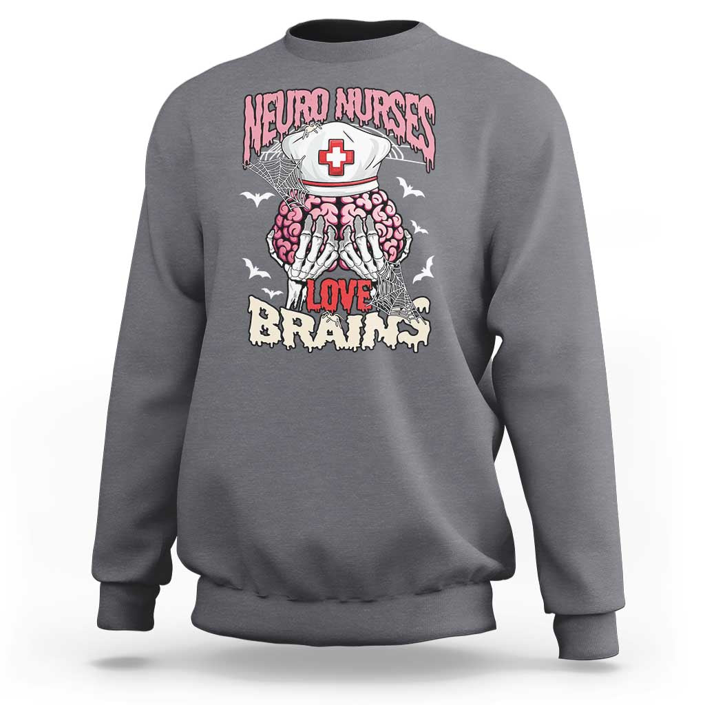 Charcoal gray crewneck sweatshirt with skeleton nurse and “Love Brains” graphic on back