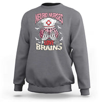 Charcoal gray crewneck sweatshirt with skeleton nurse and “Love Brains” graphic on back