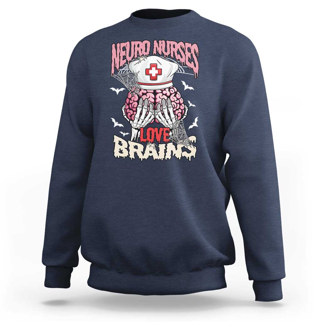 Navy crewneck sweatshirt with skeleton nurse and “Love Brains” graphic on back