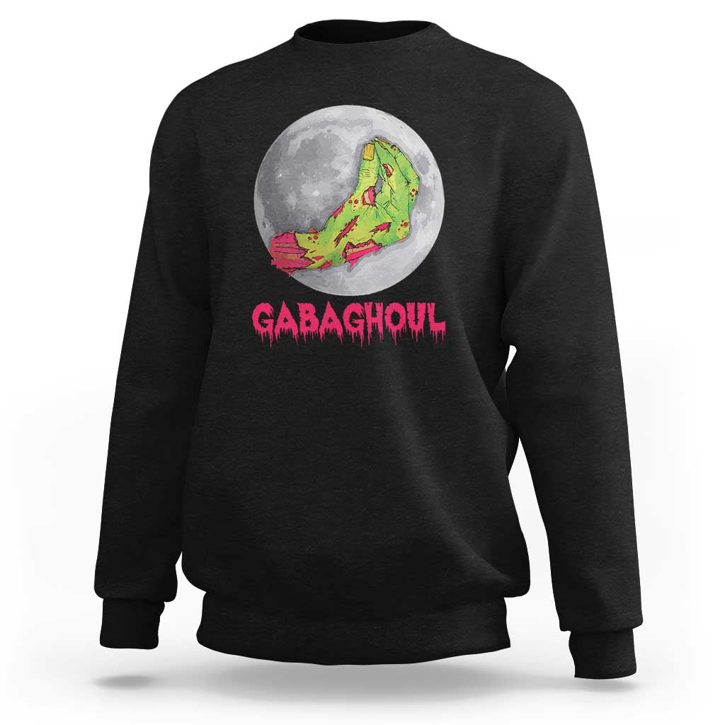 Black Halloween sweatshirt with zombie hand graphic and 'GABAGHOUL' text on front
