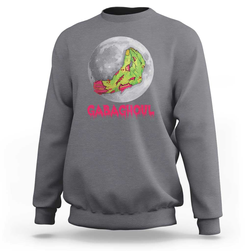 Charcoal Halloween sweatshirt with zombie hand graphic and 'GABAGHOUL' text on front