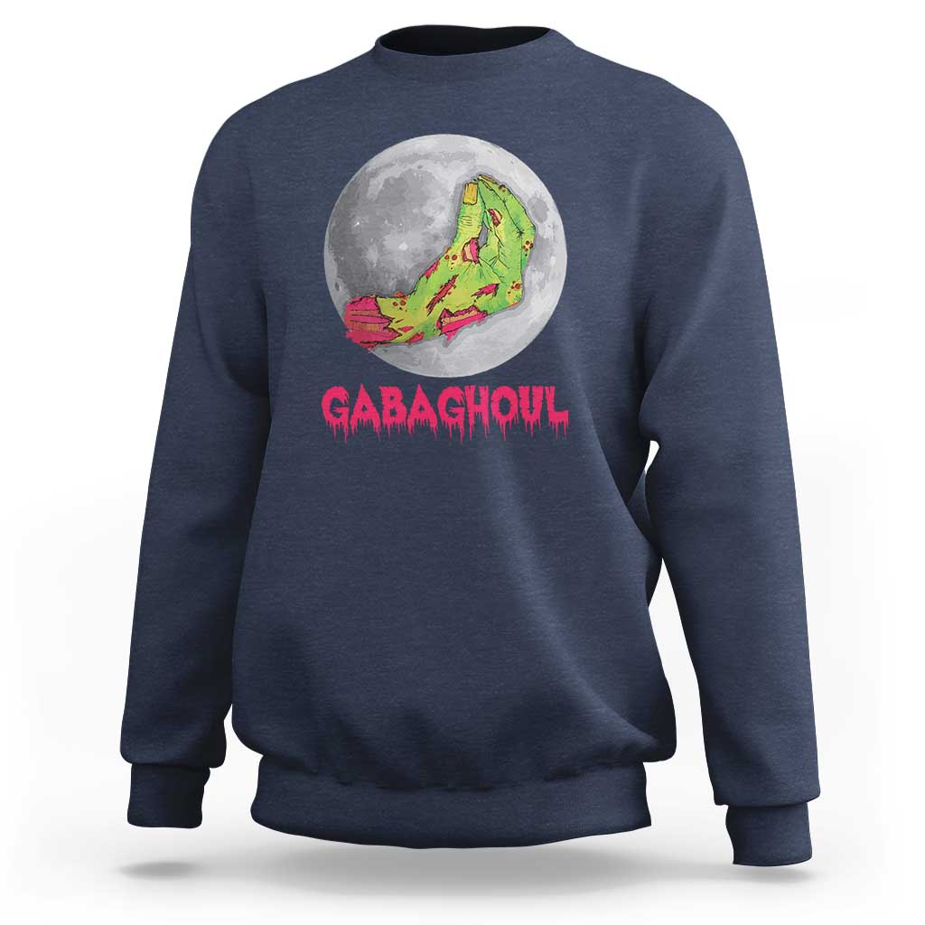 Navy Halloween sweatshirt with zombie hand graphic and 'GABAGHOUL' text on front