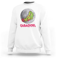 White Halloween sweatshirt with zombie hand graphic and 'GABAGHOUL' text on front