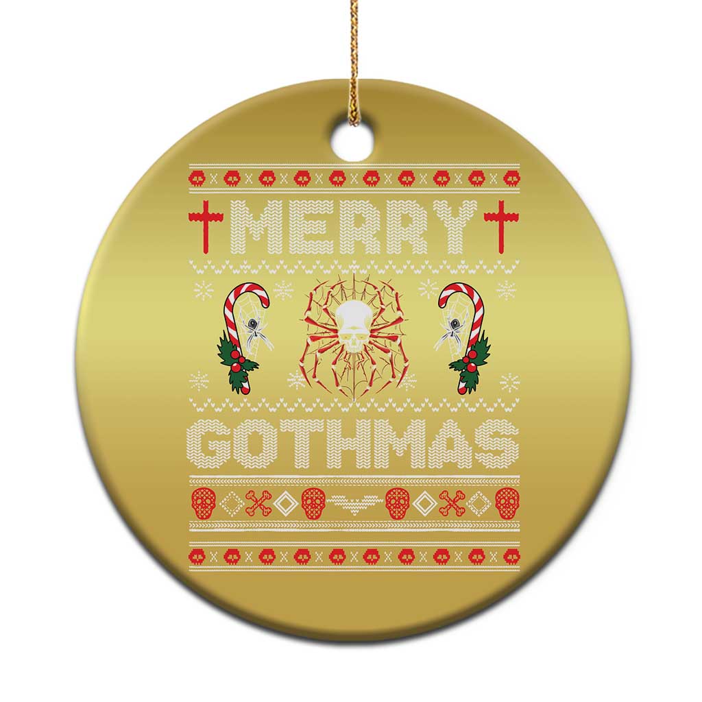 Gold circular Christmas ornament with red “Merry Gothmas” gothic graphic, hanging loop