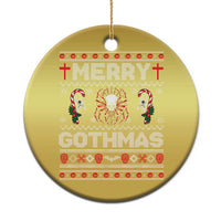 Gold circular Christmas ornament with red “Merry Gothmas” gothic graphic, hanging loop