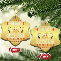 Gold heart-shaped Christmas ornament with red “Merry Gothmas” gothic design, hanging loop